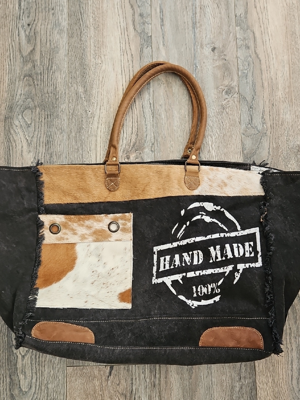 Large Myra Bag Tote Black and Brown Leather-Trim With Cowhide Weekend Tote